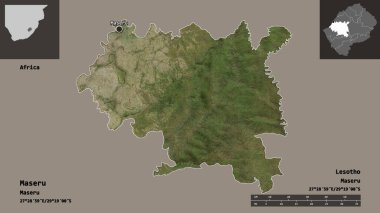 Maseru 'nun şekli, Lesotho bölgesi ve başkenti. Uzaklık ölçeği, ön gösterimler ve etiketler. Uydu görüntüleri. 3B görüntüleme