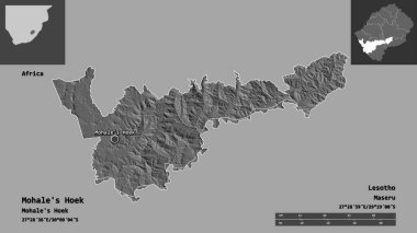 Mohale 'nin Hoek şekli, Lesotho bölgesi ve başkenti. Uzaklık ölçeği, ön gösterimler ve etiketler. Çift seviyeli yükseklik haritası. 3B görüntüleme