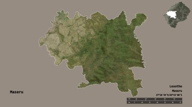 Lesotho 'nun Maseru ilçesi, başkenti sağlam arka planda izole edilmiş. Uzaklık ölçeği, bölge önizlemesi ve etiketleri. Uydu görüntüleri. 3B görüntüleme