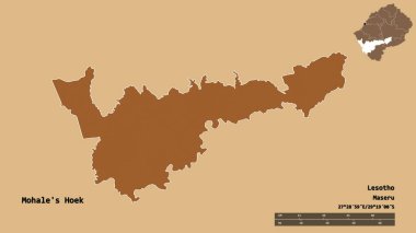 Lesotho 'nun başkenti Mohale' nin Hoek semti, sağlam arka planda izole edilmiş. Uzaklık ölçeği, bölge önizlemesi ve etiketleri. Desenli dokuların bileşimi. 3B görüntüleme