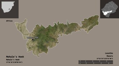 Mohale 'nin Hoek şekli, Lesotho bölgesi ve başkenti. Uzaklık ölçeği, ön gösterimler ve etiketler. Uydu görüntüleri. 3B görüntüleme