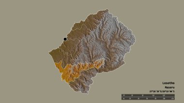 Başkenti, ana bölgesel bölümü ve ayrılmış Mohale 'nin Hoek bölgesiyle Lesotho' nun deforme edilmiş şekli. Etiketler. Topografik yardım haritası. 3B görüntüleme