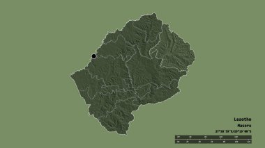Başkenti, ana bölgesel bölümü ve ayrılmış Mokhotlong bölgesiyle Lesotho 'nun deforme edilmiş şekli. Etiketler. Renkli yükseklik haritası. 3B görüntüleme