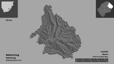 Mokhotlong 'un şekli, Lesotho bölgesi ve başkenti. Uzaklık ölçeği, ön gösterimler ve etiketler. Çift seviyeli yükseklik haritası. 3B görüntüleme
