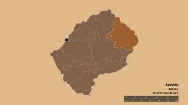 Başkenti, ana bölgesel bölümü ve ayrılmış Mokhotlong bölgesiyle Lesotho 'nun deforme edilmiş şekli. Etiketler. Desenli dokuların bileşimi. 3B görüntüleme
