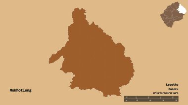 Lesotho 'nun Mokhotlong ilçesi, başkenti sağlam arka planda izole edilmiş. Uzaklık ölçeği, bölge önizlemesi ve etiketleri. Desenli dokuların bileşimi. 3B görüntüleme