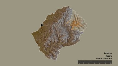 Başkenti, ana bölgesel bölümü ve ayrılmış Mokhotlong bölgesiyle Lesotho 'nun deforme edilmiş şekli. Etiketler. Topografik yardım haritası. 3B görüntüleme