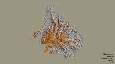 Mokhotlong bölgesi, Lesotho bölgesi, katı bir arka planda izole edilmiş bir sınır kutusunda. Etiketler. Topografik yardım haritası. 3B görüntüleme