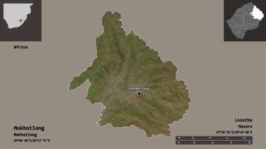 Mokhotlong 'un şekli, Lesotho bölgesi ve başkenti. Uzaklık ölçeği, ön gösterimler ve etiketler. Uydu görüntüleri. 3B görüntüleme