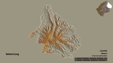 Lesotho 'nun Mokhotlong ilçesi, başkenti sağlam arka planda izole edilmiş. Uzaklık ölçeği, bölge önizlemesi ve etiketleri. Topografik yardım haritası. 3B görüntüleme