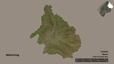 Lesotho 'nun Mokhotlong ilçesi, başkenti sağlam arka planda izole edilmiş. Uzaklık ölçeği, bölge önizlemesi ve etiketleri. Uydu görüntüleri. 3B görüntüleme