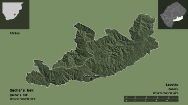 Qacha 'nın Nek' i, Lesotho bölgesi ve başkenti. Uzaklık ölçeği, ön gösterimler ve etiketler. Renkli yükseklik haritası. 3B görüntüleme