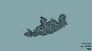 Lesotho bölgesi, Qacha 's Nek' in bölgesi, sağlam bir arka planda izole edilmiş bir sınır kutusunda. Etiketler. Renkli yükseklik haritası. 3B görüntüleme