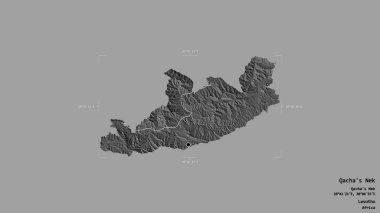 Lesotho bölgesi, Qacha 's Nek' in bölgesi, sağlam bir arka planda izole edilmiş bir sınır kutusunda. Etiketler. Çift seviyeli yükseklik haritası. 3B görüntüleme