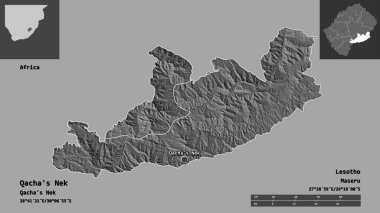 Qacha 'nın Nek' i, Lesotho bölgesi ve başkenti. Uzaklık ölçeği, ön gösterimler ve etiketler. Çift seviyeli yükseklik haritası. 3B görüntüleme