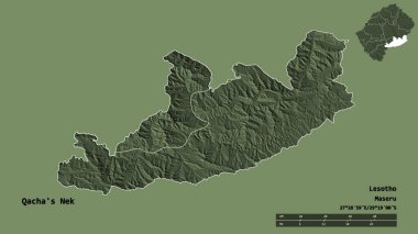 Lesotho ilçesi Qacha 's Nek' in şekli, başkenti sağlam bir arka planda izole edilmiş. Uzaklık ölçeği, bölge önizlemesi ve etiketleri. Renkli yükseklik haritası. 3B görüntüleme