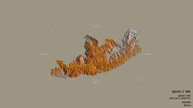 Lesotho bölgesi, Qacha 's Nek' in bölgesi, sağlam bir arka planda izole edilmiş bir sınır kutusunda. Etiketler. Topografik yardım haritası. 3B görüntüleme