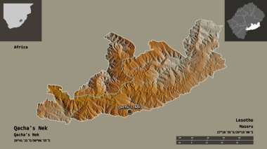Qacha 'nın Nek' i, Lesotho bölgesi ve başkenti. Uzaklık ölçeği, ön gösterimler ve etiketler. Topografik yardım haritası. 3B görüntüleme