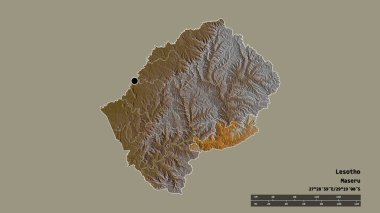 Başkenti, ana bölgesel bölümü ve ayrılmış Qacha 's Nek bölgesiyle Lesotho' nun deforme edilmiş şekli. Etiketler. Topografik yardım haritası. 3B görüntüleme