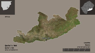 Qacha 'nın Nek' i, Lesotho bölgesi ve başkenti. Uzaklık ölçeği, ön gösterimler ve etiketler. Uydu görüntüleri. 3B görüntüleme