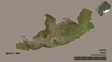 Lesotho ilçesi Qacha 's Nek' in şekli, başkenti sağlam bir arka planda izole edilmiş. Uzaklık ölçeği, bölge önizlemesi ve etiketleri. Uydu görüntüleri. 3B görüntüleme