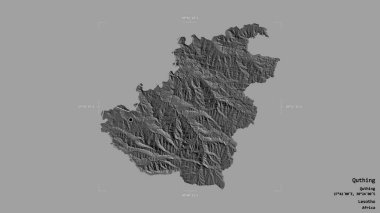 Quthing bölgesi, Lesotho bölgesi, sağlam bir arka planda izole edilmiş bir sınır kutusunda. Etiketler. Çift seviyeli yükseklik haritası. 3B görüntüleme