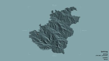 Quthing bölgesi, Lesotho bölgesi, sağlam bir arka planda izole edilmiş bir sınır kutusunda. Etiketler. Renkli yükseklik haritası. 3B görüntüleme