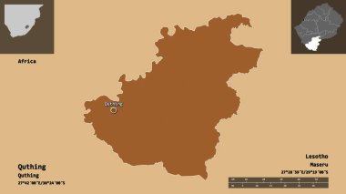 Quthing 'in şekli, Lesotho bölgesi ve başkenti. Uzaklık ölçeği, ön gösterimler ve etiketler. Desenli dokuların bileşimi. 3B görüntüleme