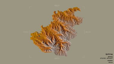 Quthing bölgesi, Lesotho bölgesi, sağlam bir arka planda izole edilmiş bir sınır kutusunda. Etiketler. Topografik yardım haritası. 3B görüntüleme