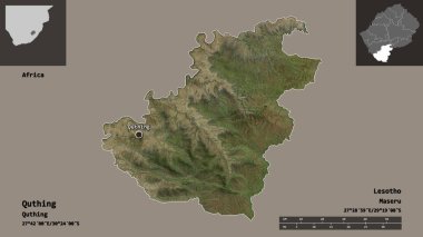 Quthing 'in şekli, Lesotho bölgesi ve başkenti. Uzaklık ölçeği, ön gösterimler ve etiketler. Uydu görüntüleri. 3B görüntüleme