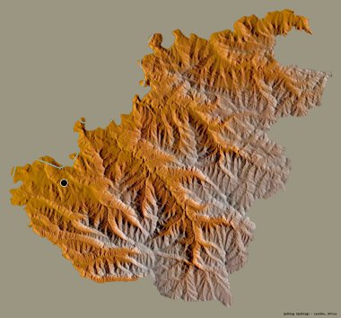 Lesotho 'nun Quthing semti, başkenti katı renk arkaplanı ile izole edilmiş. Topografik yardım haritası. 3B görüntüleme