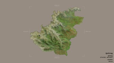 Quthing bölgesi, Lesotho bölgesi, sağlam bir arka planda izole edilmiş bir sınır kutusunda. Etiketler. Uydu görüntüleri. 3B görüntüleme