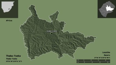 Thaba-Tseka 'nın şekli, Lesotho ilçesi ve başkenti. Uzaklık ölçeği, ön gösterimler ve etiketler. Renkli yükseklik haritası. 3B görüntüleme