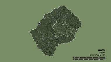Başkenti, ana bölgesel bölümü ve ayrılan Thaba-Tseka bölgesi ile Lesotho 'nun dejenere edilmiş şekli. Etiketler. Renkli yükseklik haritası. 3B görüntüleme