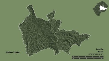 Lesotho ilçesi Thaba-Tseka 'nın şekli, başkenti sağlam bir zemin üzerinde izole edilmiş. Uzaklık ölçeği, bölge önizlemesi ve etiketleri. Renkli yükseklik haritası. 3B görüntüleme