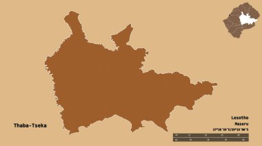 Lesotho ilçesi Thaba-Tseka 'nın şekli, başkenti sağlam bir zemin üzerinde izole edilmiş. Uzaklık ölçeği, bölge önizlemesi ve etiketleri. Desenli dokuların bileşimi. 3B görüntüleme