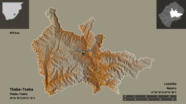 Thaba-Tseka 'nın şekli, Lesotho ilçesi ve başkenti. Uzaklık ölçeği, ön gösterimler ve etiketler. Topografik yardım haritası. 3B görüntüleme