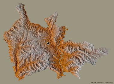 Lesotho ilçesi Thaba-Tseka 'nın şekli, başkenti katı bir renk arkaplanı ile izole edilmiştir. Topografik yardım haritası. 3B görüntüleme