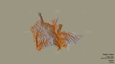Lesotho 'nun Thaba-Tseka bölgesi, sağlam bir arka planda izole edilmiş bir sınır kutusunda. Etiketler. Topografik yardım haritası. 3B görüntüleme