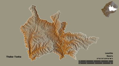 Lesotho ilçesi Thaba-Tseka 'nın şekli, başkenti sağlam bir zemin üzerinde izole edilmiş. Uzaklık ölçeği, bölge önizlemesi ve etiketleri. Topografik yardım haritası. 3B görüntüleme