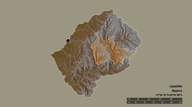 Başkenti, ana bölgesel bölümü ve ayrılan Thaba-Tseka bölgesi ile Lesotho 'nun dejenere edilmiş şekli. Etiketler. Topografik yardım haritası. 3B görüntüleme