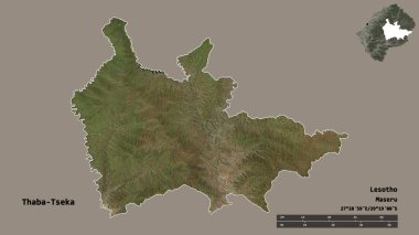 Lesotho ilçesi Thaba-Tseka 'nın şekli, başkenti sağlam bir zemin üzerinde izole edilmiş. Uzaklık ölçeği, bölge önizlemesi ve etiketleri. Uydu görüntüleri. 3B görüntüleme
