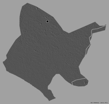 Liberya 'nın Bomi ilçesi, başkenti katı renk arkaplanı ile izole edilmiştir. Çift seviyeli yükseklik haritası. 3B görüntüleme