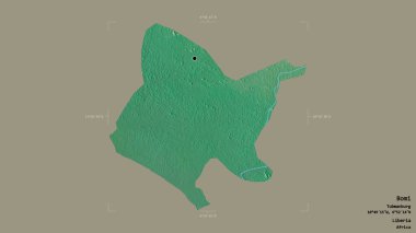 Liberya 'nın Bomi ilçesi, jeoreferatlı bir sınır kutusunda sağlam bir arka planda izole edilmiş. Etiketler. Topografik yardım haritası. 3B görüntüleme