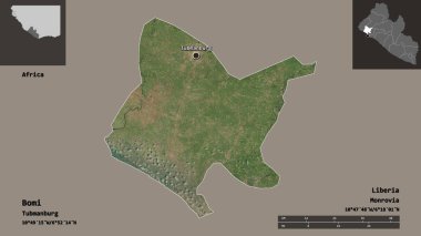 Liberya 'nın Bomi ilçesi ve başkenti. Uzaklık ölçeği, ön gösterimler ve etiketler. Uydu görüntüleri. 3B görüntüleme