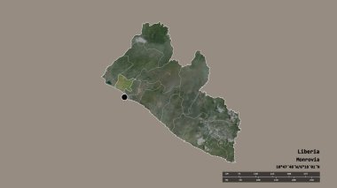 Başkenti, ana bölgesel bölümü ve ayrılmış Bomi bölgesi ile Liberya 'nın dejenere edilmiş şekli. Etiketler. Uydu görüntüleri. 3B görüntüleme