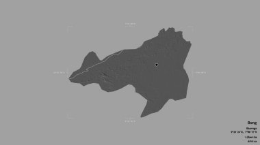 Liberya 'nın Bong ilçesi, jeoreferatlı bir sınır kutusunda sağlam bir arka planda izole edilmiş. Etiketler. Çift seviyeli yükseklik haritası. 3B görüntüleme