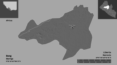 Liberya vilayeti ve başkenti Bong 'un şekli. Uzaklık ölçeği, ön gösterimler ve etiketler. Çift seviyeli yükseklik haritası. 3B görüntüleme