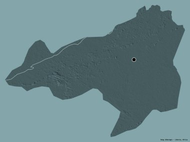 Liberya 'nın Bong ilçesi. Başkenti koyu renk arka planda izole edilmiş. Renkli yükseklik haritası. 3B görüntüleme
