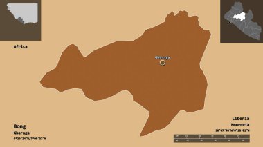 Liberya vilayeti ve başkenti Bong 'un şekli. Uzaklık ölçeği, ön gösterimler ve etiketler. Desenli dokuların bileşimi. 3B görüntüleme
